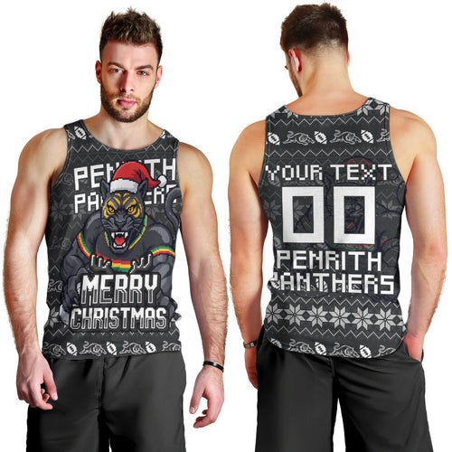 Personalized Penrith Panthers Christmas Men Tank Top Australian Rugby Fans - Pixelated Ugly Xmas Pattern Mascot Santa