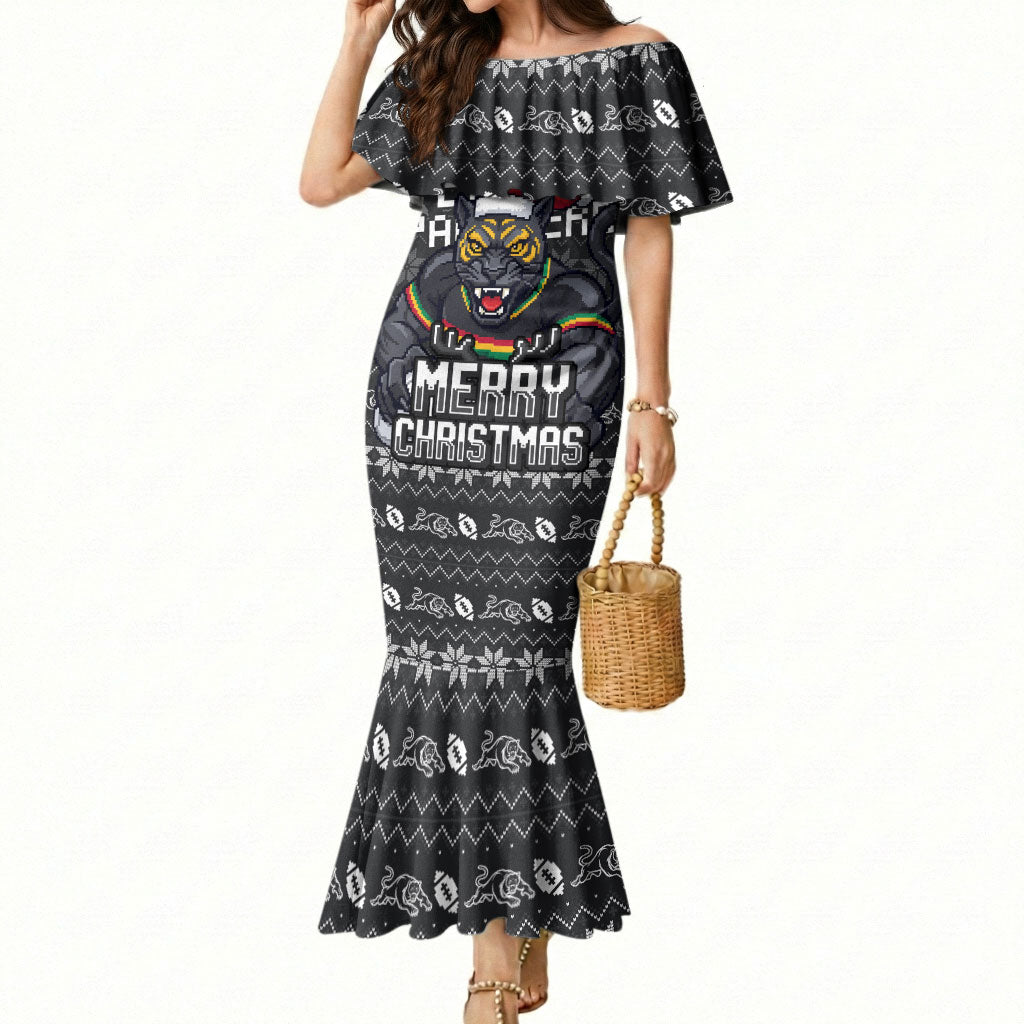 Personalized Penrith Panthers Christmas Mermaid Dress Australian Rugby Fans - Pixelated Ugly Xmas Pattern Mascot Santa