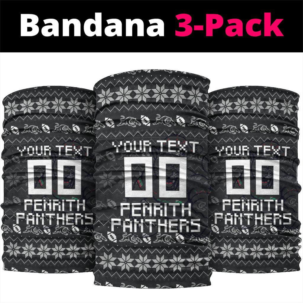 Personalized Penrith Panthers Christmas Neck Gaiter Australian Rugby Fans - Pixelated Ugly Xmas Pattern Mascot Santa