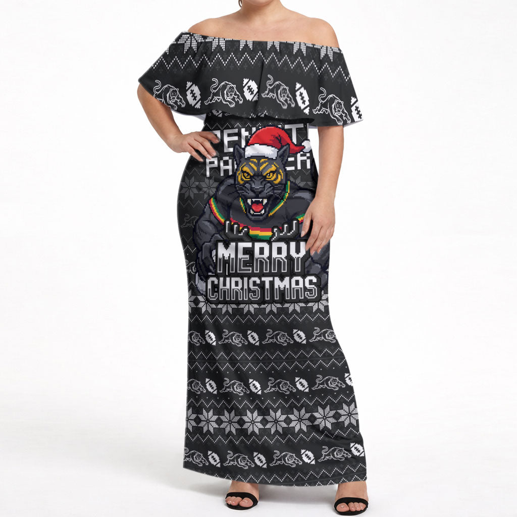 Personalized Penrith Panthers Christmas Off Shoulder Maxi Dress Australian Rugby Fans - Pixelated Ugly Xmas Pattern Mascot Santa