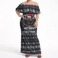 Personalized Penrith Panthers Christmas Off Shoulder Maxi Dress Australian Rugby Fans - Pixelated Ugly Xmas Pattern Mascot Santa