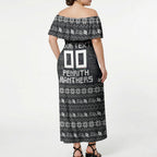 Personalized Penrith Panthers Christmas Off Shoulder Maxi Dress Australian Rugby Fans - Pixelated Ugly Xmas Pattern Mascot Santa