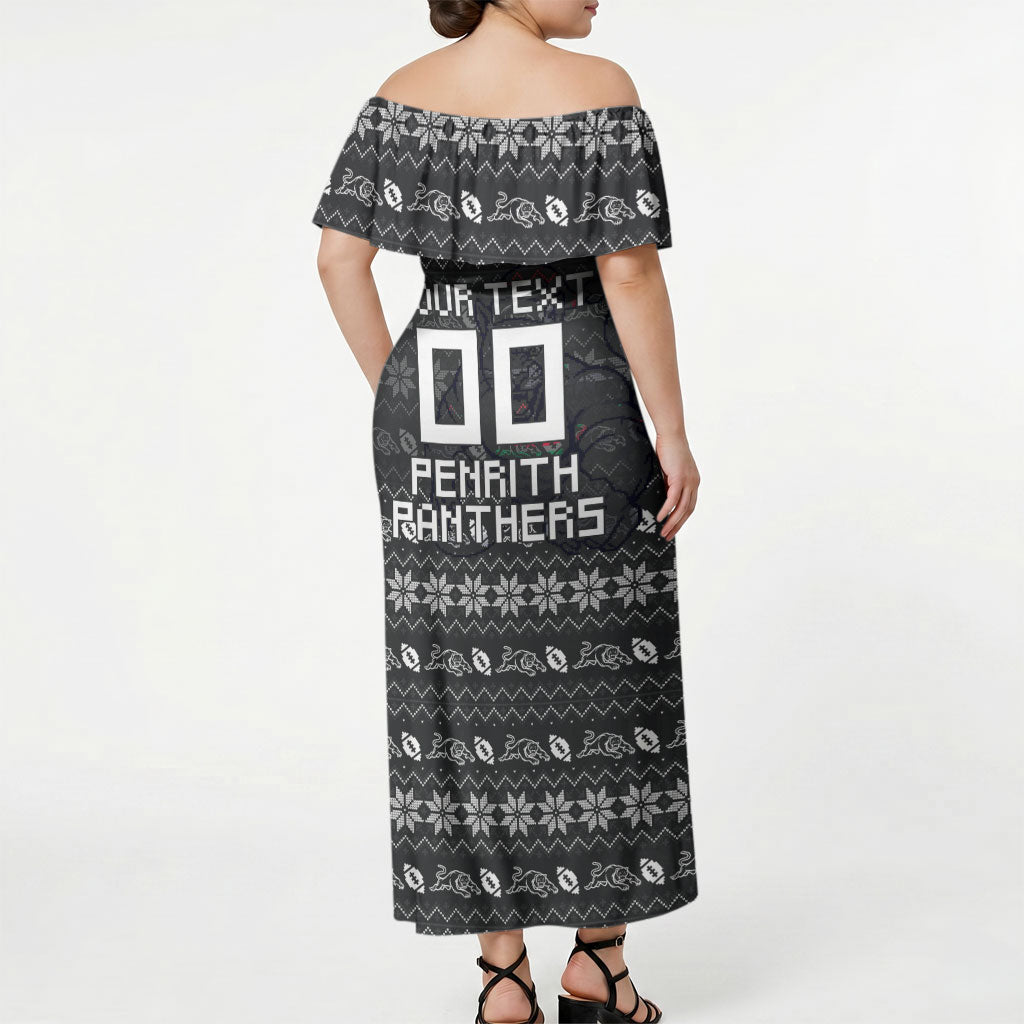 Personalized Penrith Panthers Christmas Off Shoulder Maxi Dress Australian Rugby Fans - Pixelated Ugly Xmas Pattern Mascot Santa