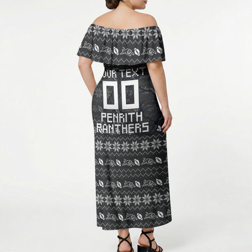 Personalized Penrith Panthers Christmas Off Shoulder Maxi Dress Australian Rugby Fans - Pixelated Ugly Xmas Pattern Mascot Santa