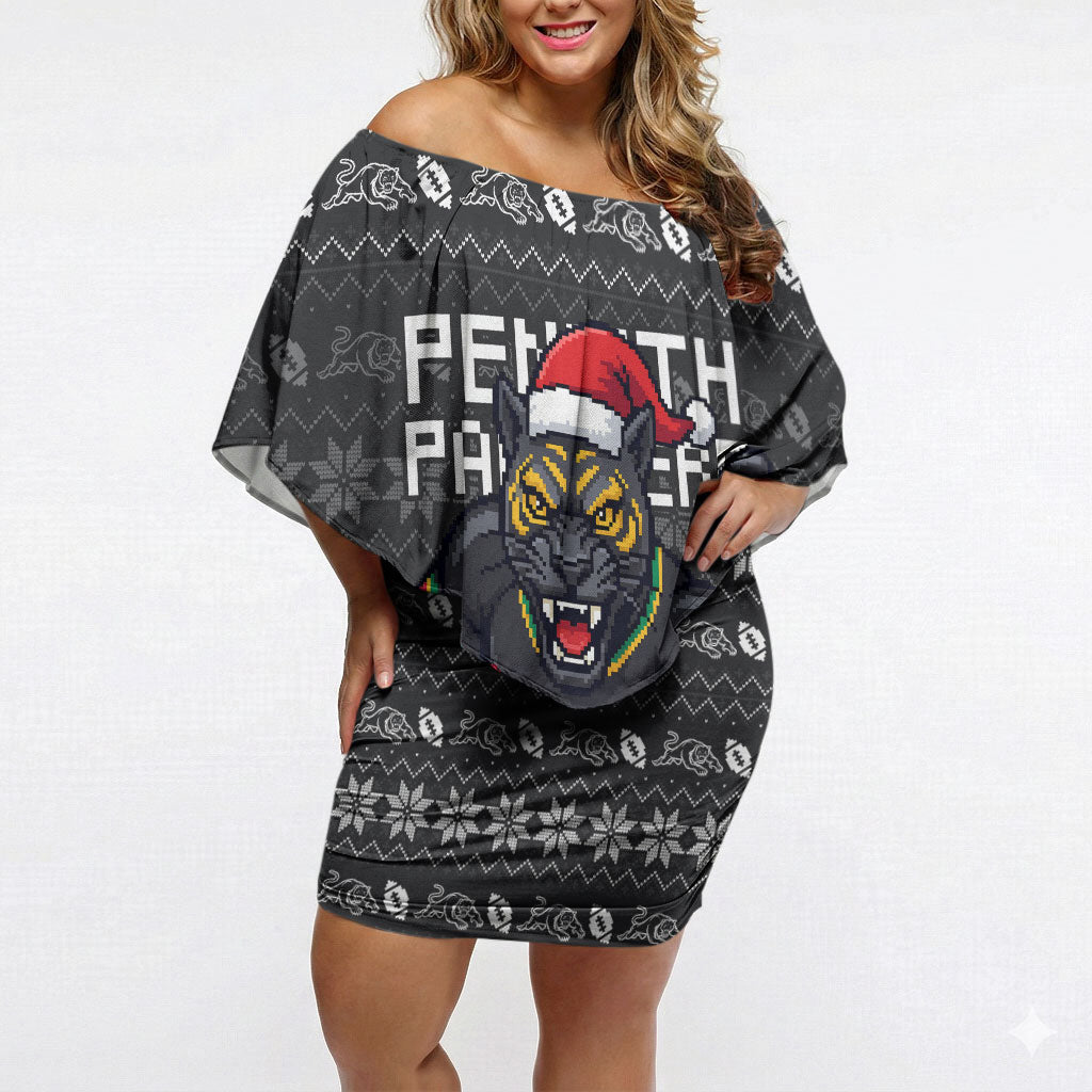 Personalized Penrith Panthers Christmas Off Shoulder Short Dress Australian Rugby Fans - Pixelated Ugly Xmas Pattern Mascot Santa