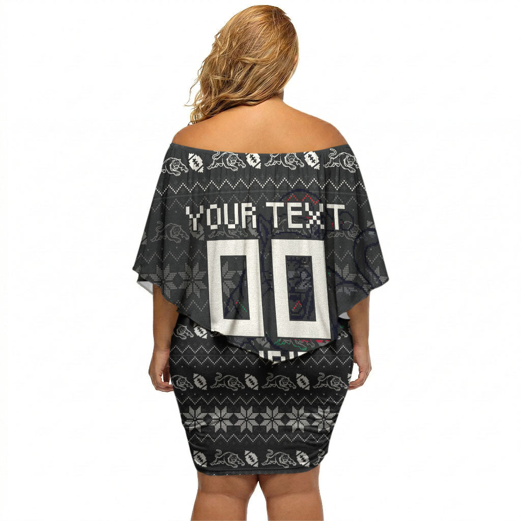 Personalized Penrith Panthers Christmas Off Shoulder Short Dress Australian Rugby Fans - Pixelated Ugly Xmas Pattern Mascot Santa