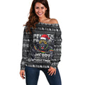 Personalized Penrith Panthers Christmas Off Shoulder Sweater Australian Rugby Fans - Pixelated Ugly Xmas Pattern Mascot Santa