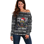 Personalized Penrith Panthers Christmas Off Shoulder Sweater Australian Rugby Fans - Pixelated Ugly Xmas Pattern Mascot Santa