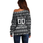 Personalized Penrith Panthers Christmas Off Shoulder Sweater Australian Rugby Fans - Pixelated Ugly Xmas Pattern Mascot Santa