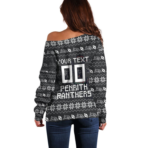 Personalized Penrith Panthers Christmas Off Shoulder Sweater Australian Rugby Fans - Pixelated Ugly Xmas Pattern Mascot Santa