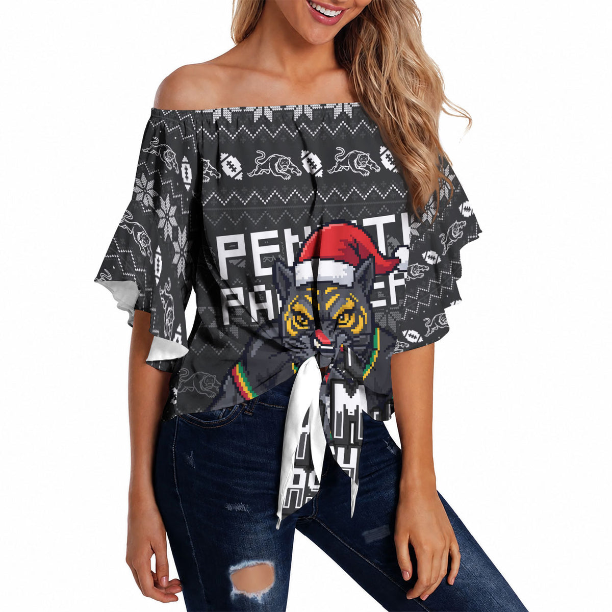 Personalized Penrith Panthers Christmas Off Shoulder Wrap Waist Top Australian Rugby Fans - Pixelated Ugly Xmas Pattern Mascot Santa