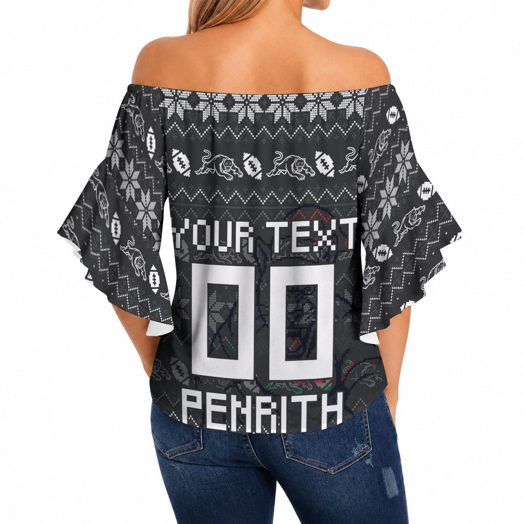Personalized Penrith Panthers Christmas Off Shoulder Wrap Waist Top Australian Rugby Fans - Pixelated Ugly Xmas Pattern Mascot Santa