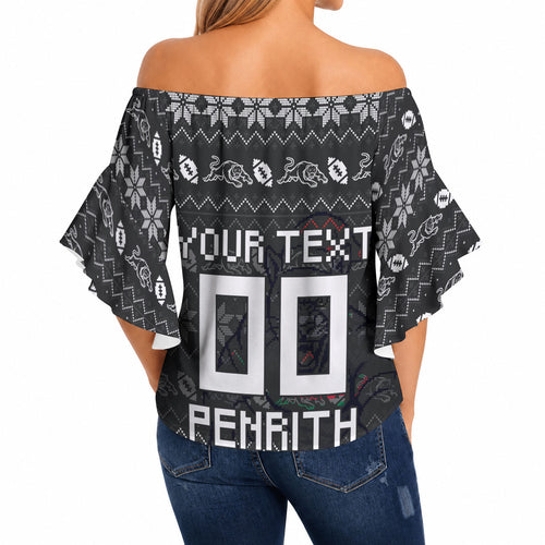 Personalized Penrith Panthers Christmas Off Shoulder Wrap Waist Top Australian Rugby Fans - Pixelated Ugly Xmas Pattern Mascot Santa