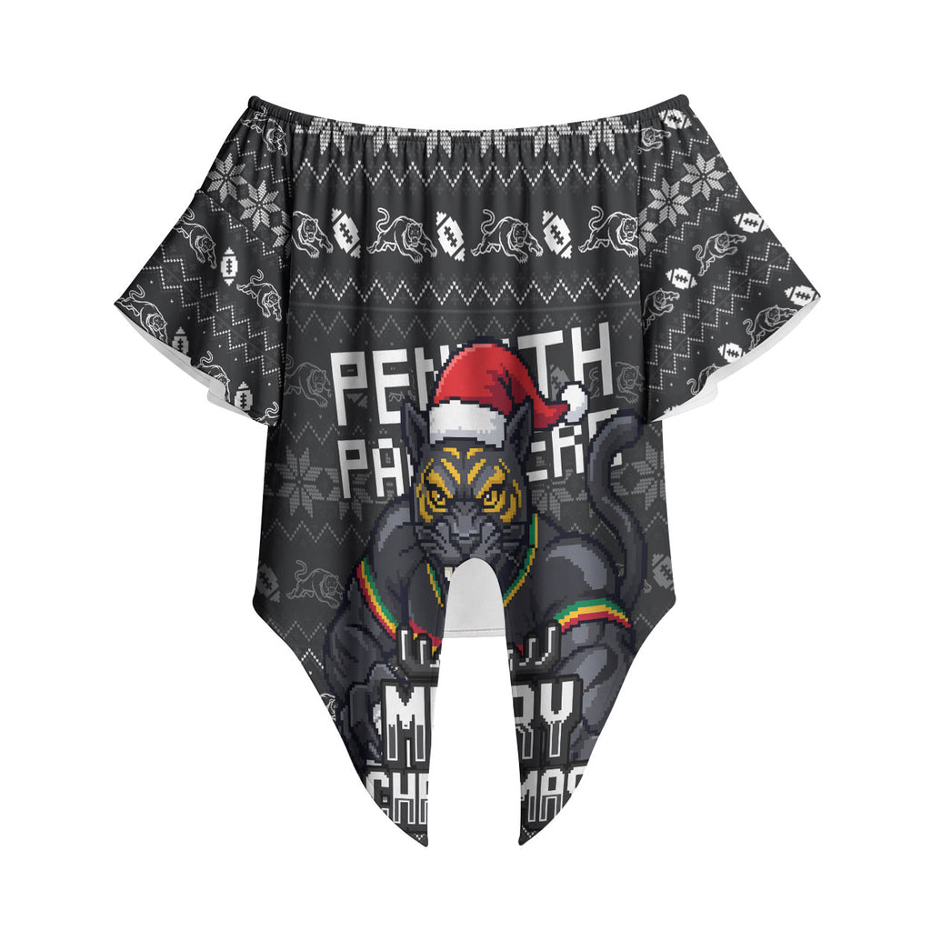 Personalized Penrith Panthers Christmas Off Shoulder Wrap Waist Top Australian Rugby Fans - Pixelated Ugly Xmas Pattern Mascot Santa