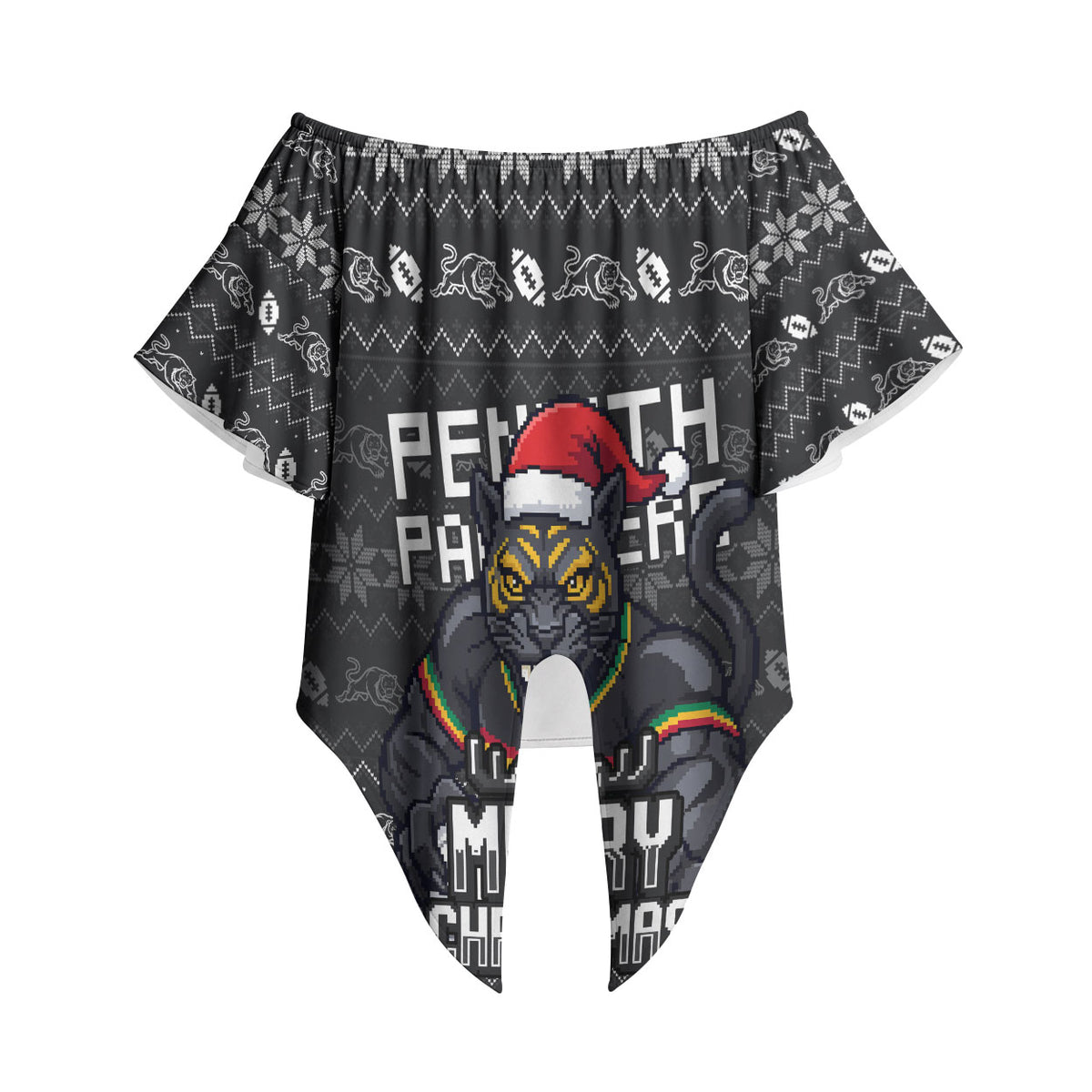Personalized Penrith Panthers Christmas Off Shoulder Wrap Waist Top Australian Rugby Fans - Pixelated Ugly Xmas Pattern Mascot Santa
