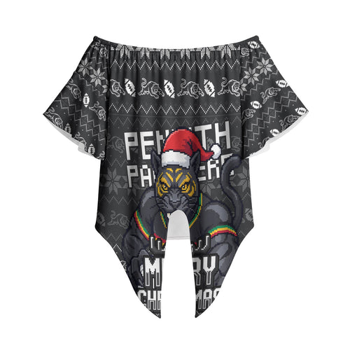 Personalized Penrith Panthers Christmas Off Shoulder Wrap Waist Top Australian Rugby Fans - Pixelated Ugly Xmas Pattern Mascot Santa