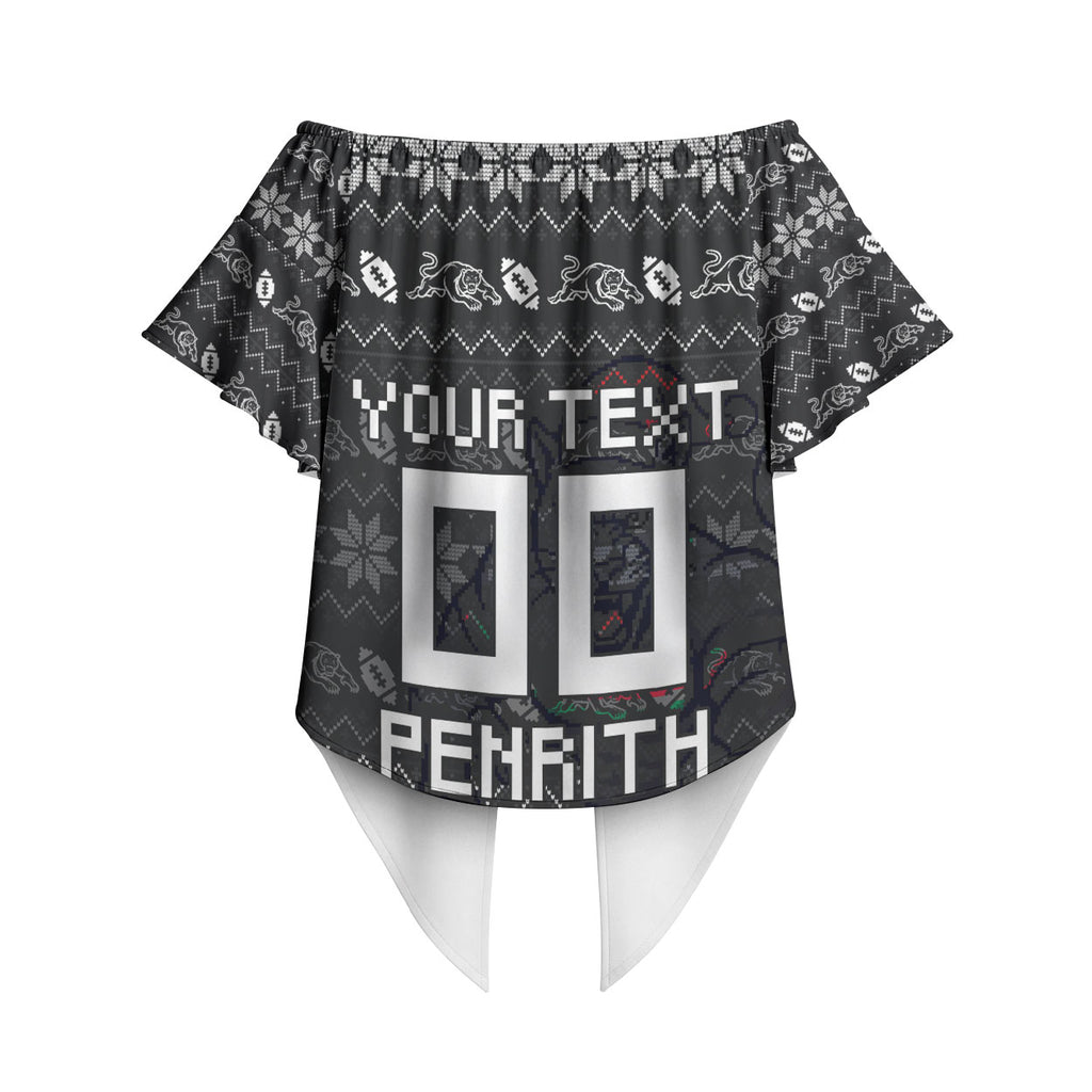 Personalized Penrith Panthers Christmas Off Shoulder Wrap Waist Top Australian Rugby Fans - Pixelated Ugly Xmas Pattern Mascot Santa
