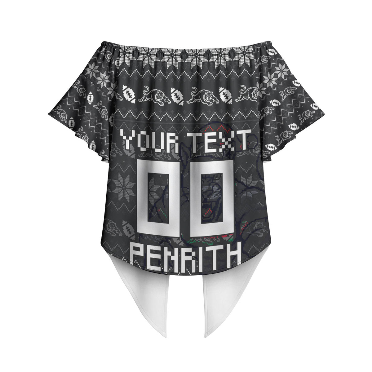 Personalized Penrith Panthers Christmas Off Shoulder Wrap Waist Top Australian Rugby Fans - Pixelated Ugly Xmas Pattern Mascot Santa