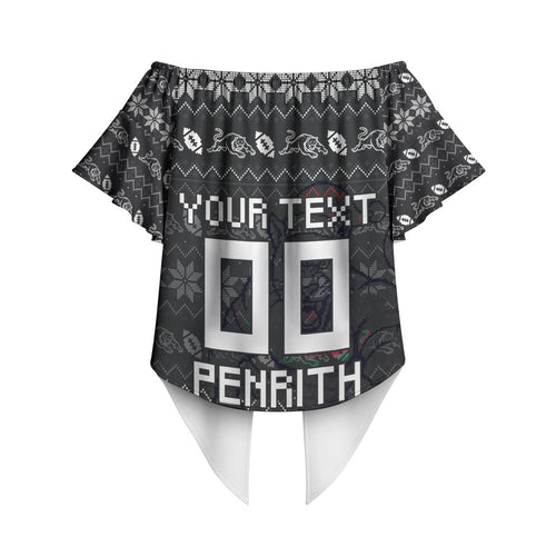 Personalized Penrith Panthers Christmas Off Shoulder Wrap Waist Top Australian Rugby Fans - Pixelated Ugly Xmas Pattern Mascot Santa