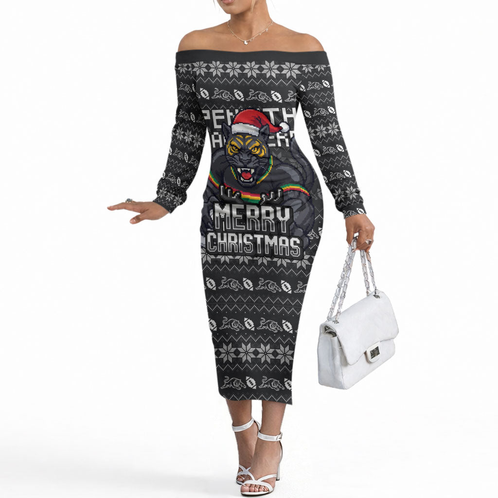 Personalized Penrith Panthers Christmas Off The Shoulder Long Sleeve Dress Australian Rugby Fans - Pixelated Ugly Xmas Pattern Mascot Santa