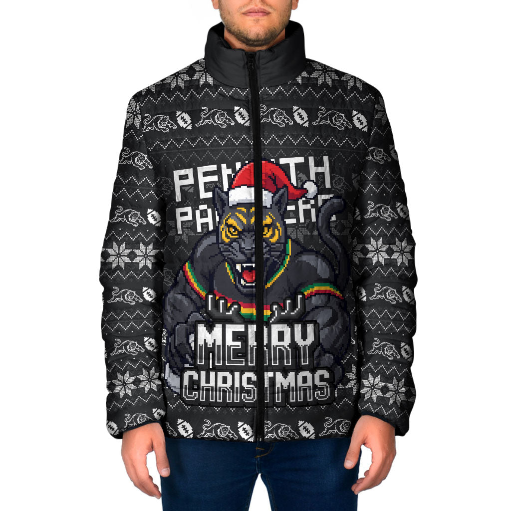 Personalized Penrith Panthers Christmas Padded Jacket Australian Rugby Fans - Pixelated Ugly Xmas Pattern Mascot Santa