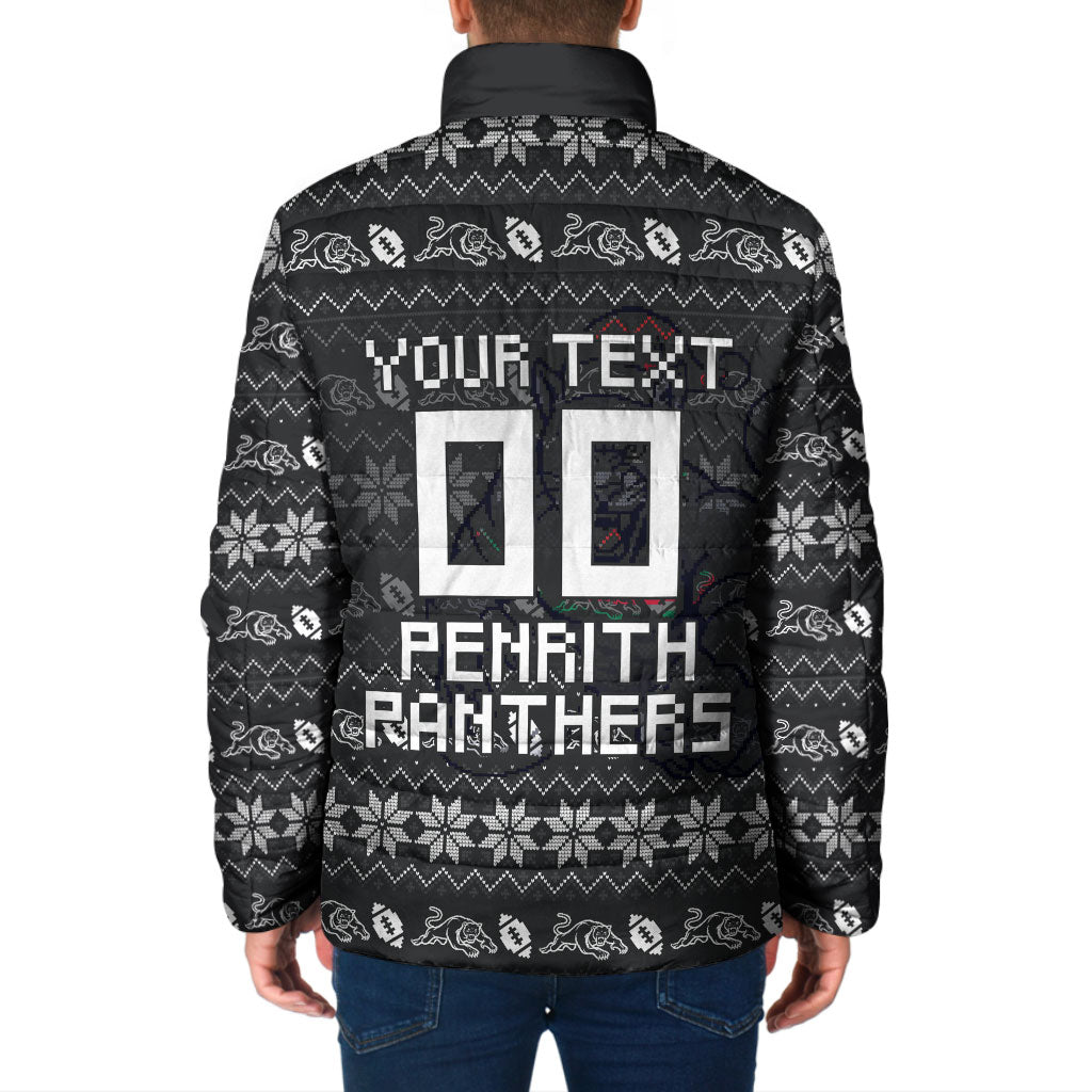 Personalized Penrith Panthers Christmas Padded Jacket Australian Rugby Fans - Pixelated Ugly Xmas Pattern Mascot Santa