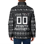 Personalized Penrith Panthers Christmas Padded Jacket Australian Rugby Fans - Pixelated Ugly Xmas Pattern Mascot Santa