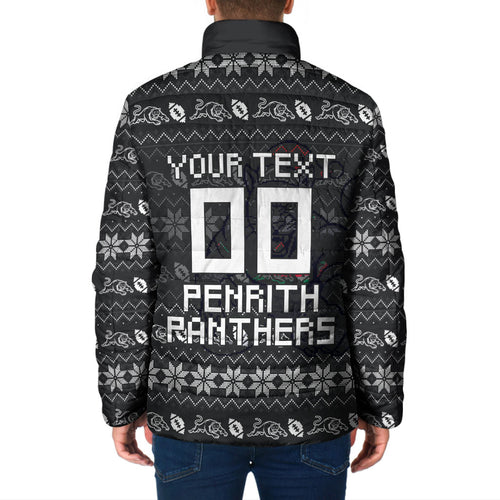 Personalized Penrith Panthers Christmas Padded Jacket Australian Rugby Fans - Pixelated Ugly Xmas Pattern Mascot Santa