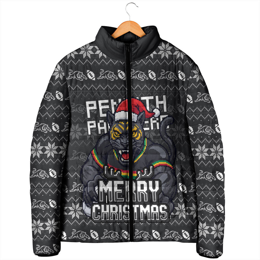 Personalized Penrith Panthers Christmas Padded Jacket Australian Rugby Fans - Pixelated Ugly Xmas Pattern Mascot Santa