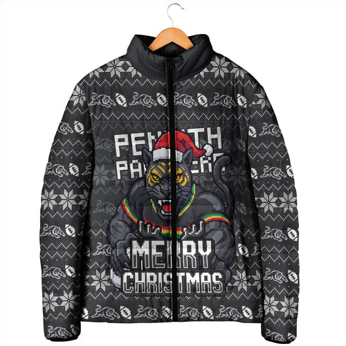 Personalized Penrith Panthers Christmas Padded Jacket Australian Rugby Fans - Pixelated Ugly Xmas Pattern Mascot Santa