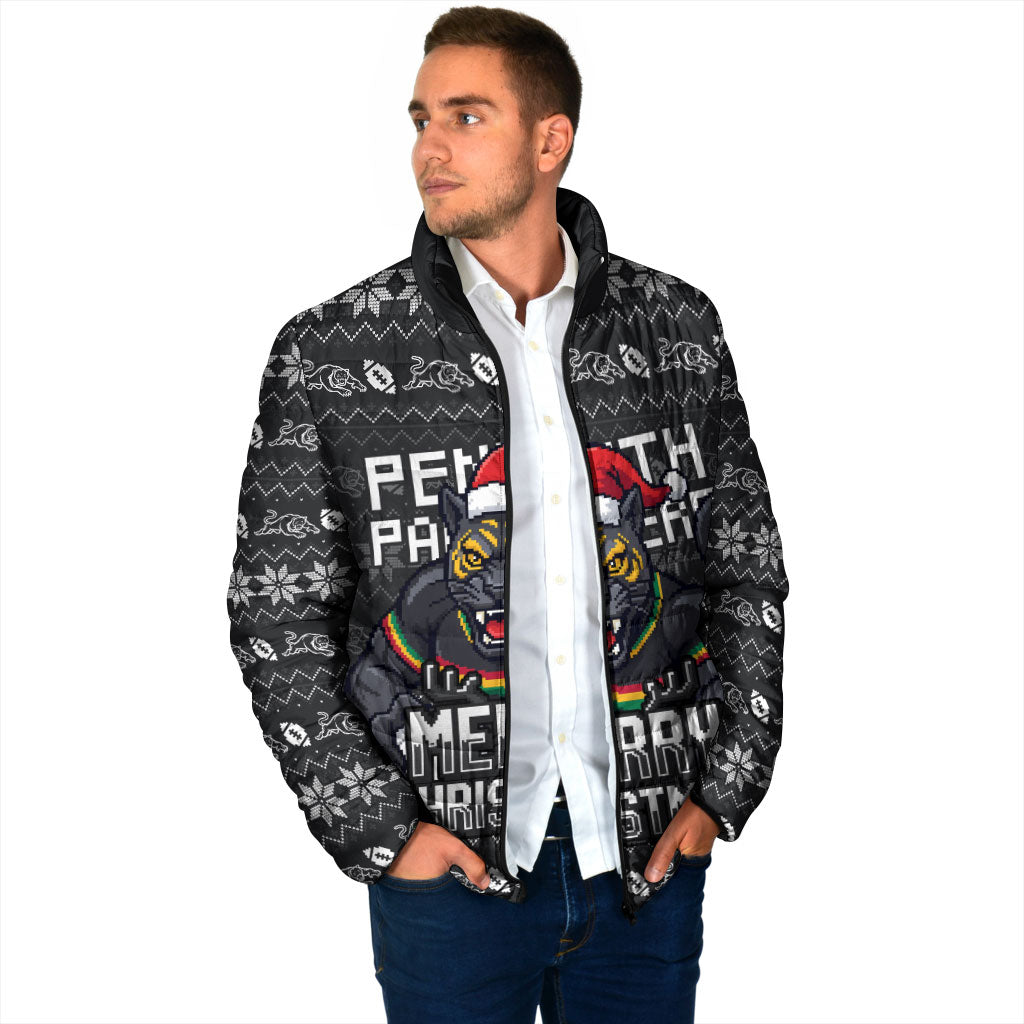 Personalized Penrith Panthers Christmas Padded Jacket Australian Rugby Fans - Pixelated Ugly Xmas Pattern Mascot Santa