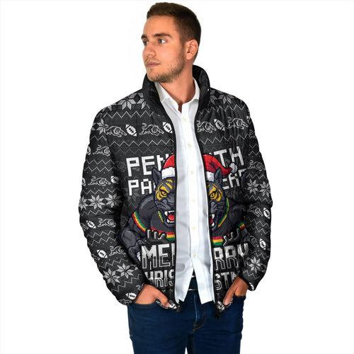 Personalized Penrith Panthers Christmas Padded Jacket Australian Rugby Fans - Pixelated Ugly Xmas Pattern Mascot Santa