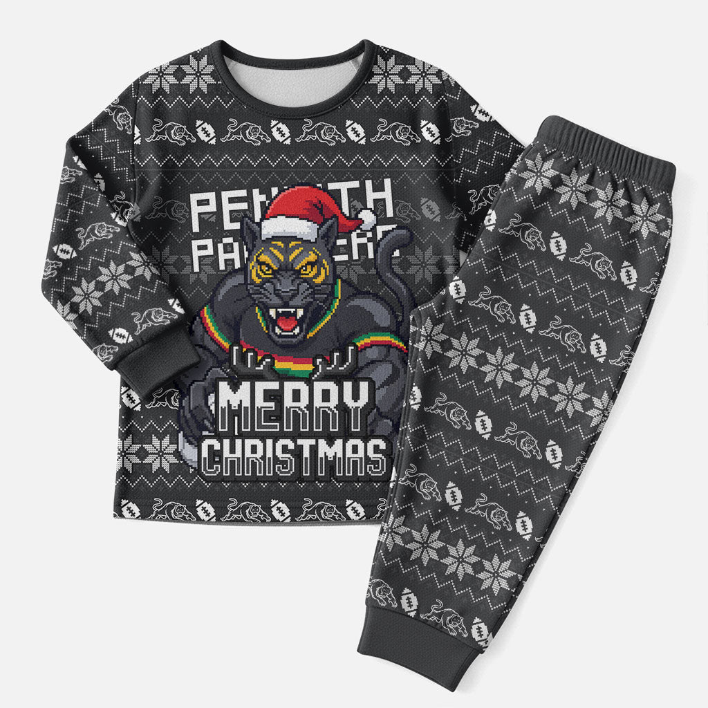 Personalized Penrith Panthers Christmas Pajama Set Australian Rugby Fans - Pixelated Ugly Xmas Pattern Mascot Santa