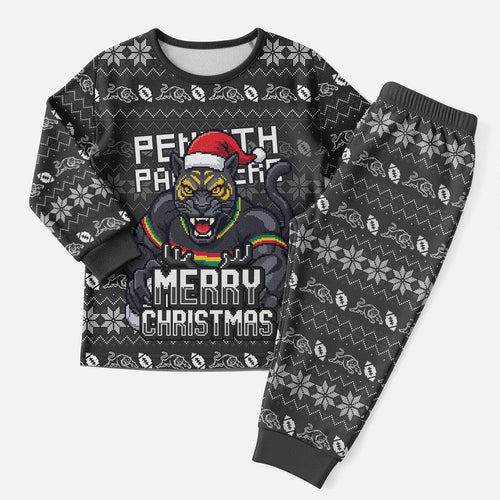 Personalized Penrith Panthers Christmas Pajama Set Australian Rugby Fans - Pixelated Ugly Xmas Pattern Mascot Santa