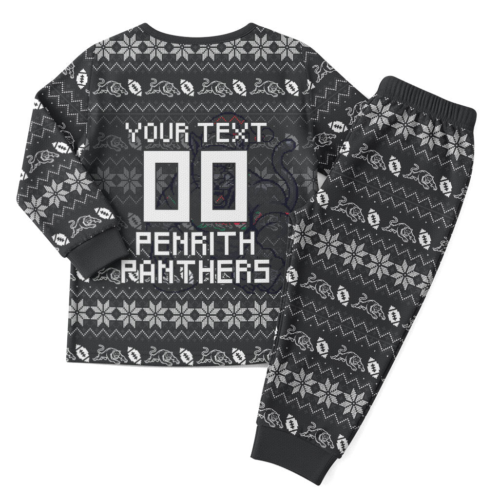 Personalized Penrith Panthers Christmas Pajama Set Australian Rugby Fans - Pixelated Ugly Xmas Pattern Mascot Santa