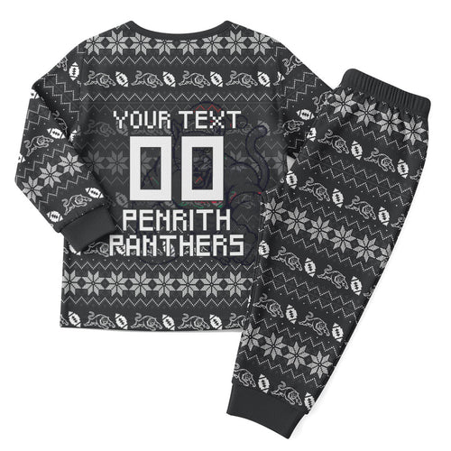 Personalized Penrith Panthers Christmas Pajama Set Australian Rugby Fans - Pixelated Ugly Xmas Pattern Mascot Santa