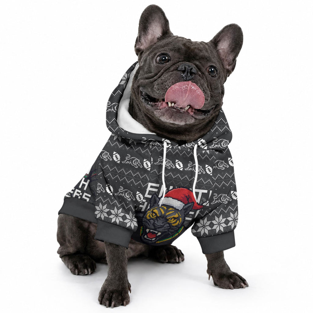 Personalized Penrith Panthers Christmas Pet Hoodie Australian Rugby Fans - Pixelated Ugly Xmas Pattern Mascot Santa