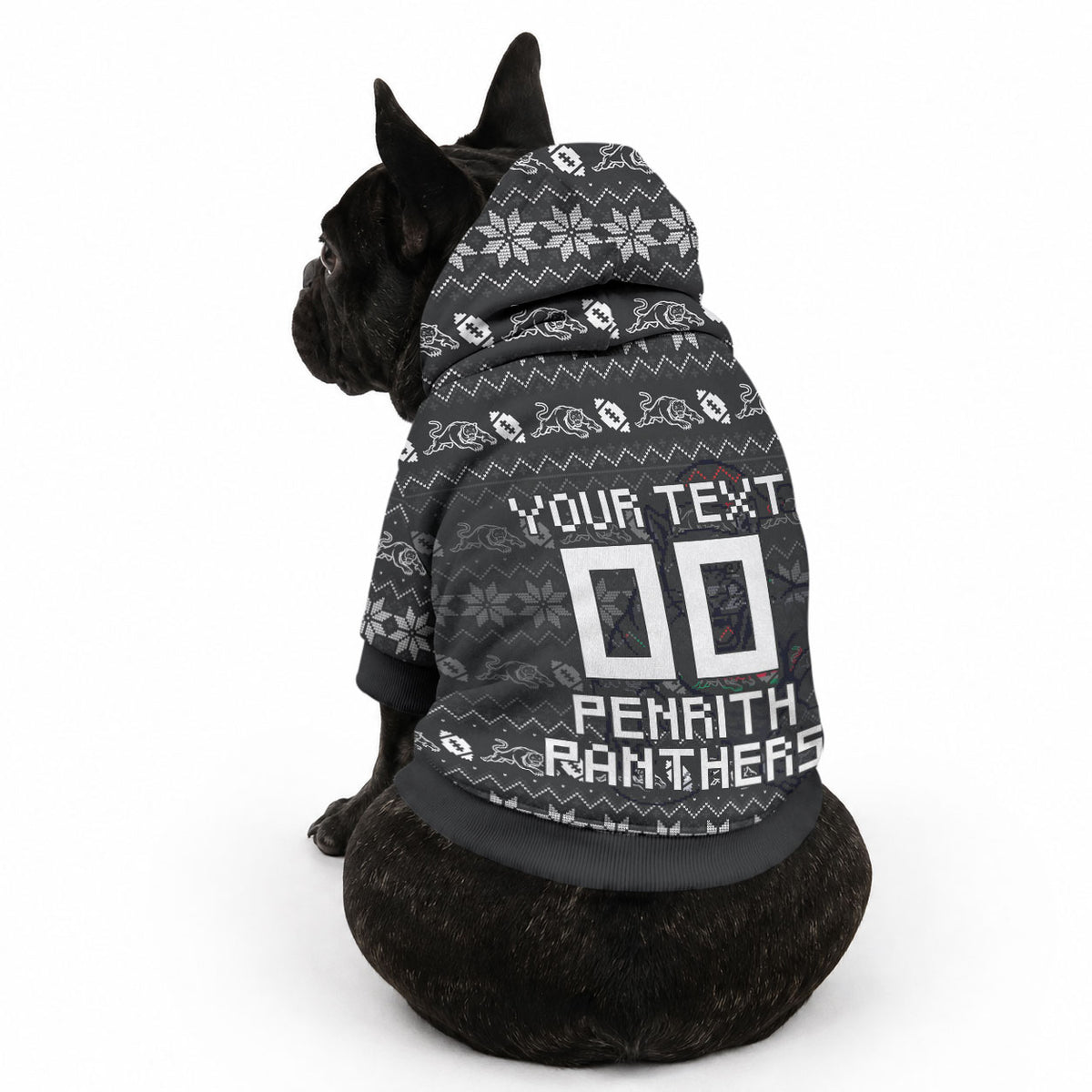 Personalized Penrith Panthers Christmas Pet Hoodie Australian Rugby Fans - Pixelated Ugly Xmas Pattern Mascot Santa