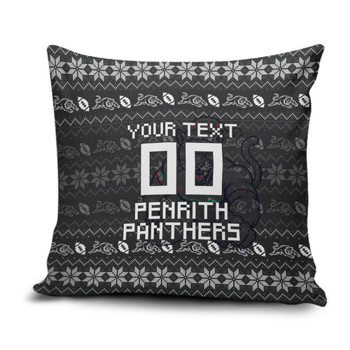 Personalized Penrith Panthers Christmas Pillow Cover Australian Rugby Fans - Pixelated Ugly Xmas Pattern Mascot Santa