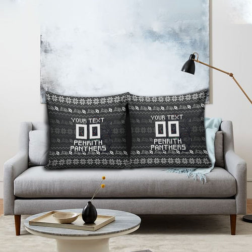 Personalized Penrith Panthers Christmas Pillow Cover Australian Rugby Fans - Pixelated Ugly Xmas Pattern Mascot Santa
