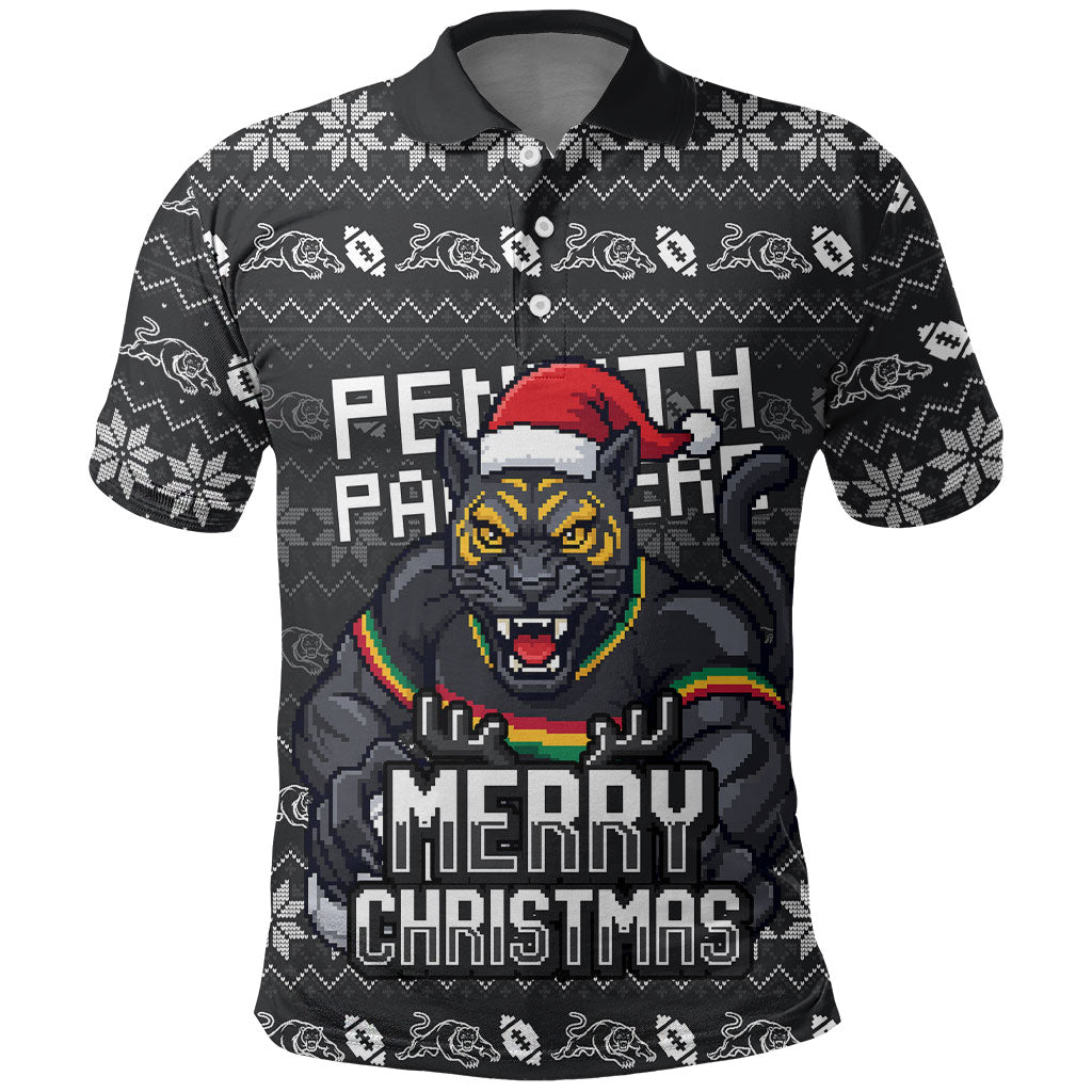 Personalized Penrith Panthers Christmas Polo Shirt Australian Rugby Fans - Pixelated Ugly Xmas Pattern Mascot Santa