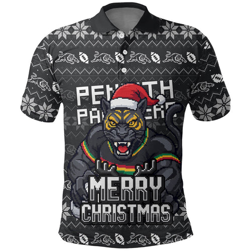 Personalized Penrith Panthers Christmas Polo Shirt Australian Rugby Fans - Pixelated Ugly Xmas Pattern Mascot Santa