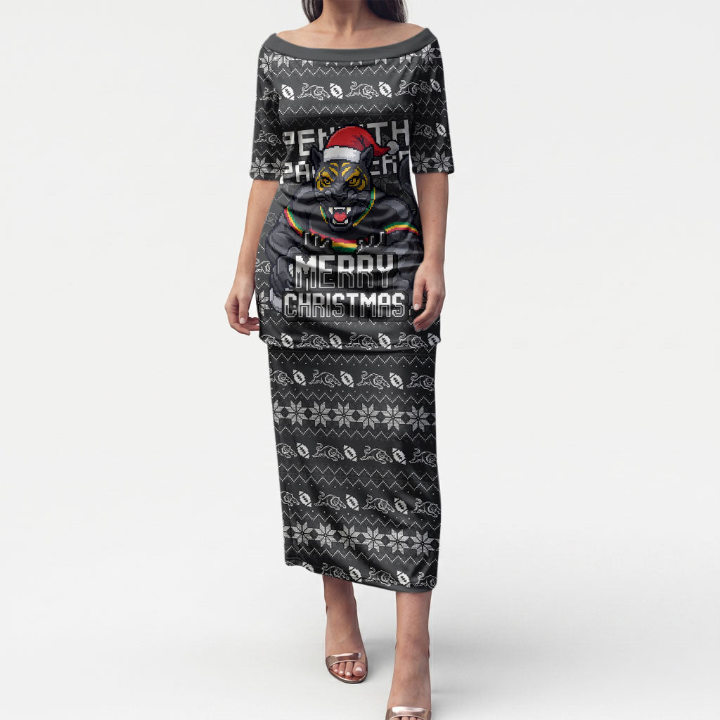 Personalized Penrith Panthers Christmas Puletasi Australian Rugby Fans - Pixelated Ugly Xmas Pattern Mascot Santa