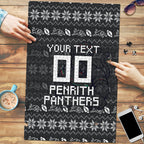 Personalized Penrith Panthers Christmas Puzzle Australian Rugby Fans - Pixelated Ugly Xmas Pattern Mascot Santa