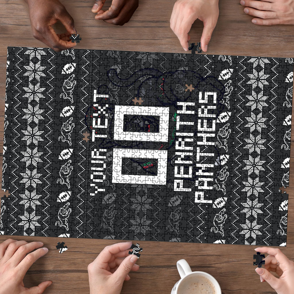Personalized Penrith Panthers Christmas Puzzle Australian Rugby Fans - Pixelated Ugly Xmas Pattern Mascot Santa
