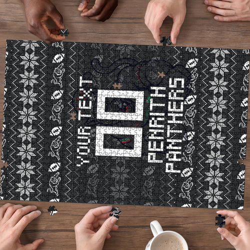 Personalized Penrith Panthers Christmas Puzzle Australian Rugby Fans - Pixelated Ugly Xmas Pattern Mascot Santa
