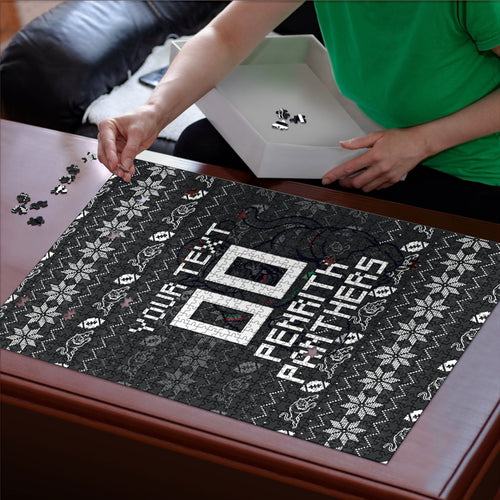 Personalized Penrith Panthers Christmas Puzzle Australian Rugby Fans - Pixelated Ugly Xmas Pattern Mascot Santa