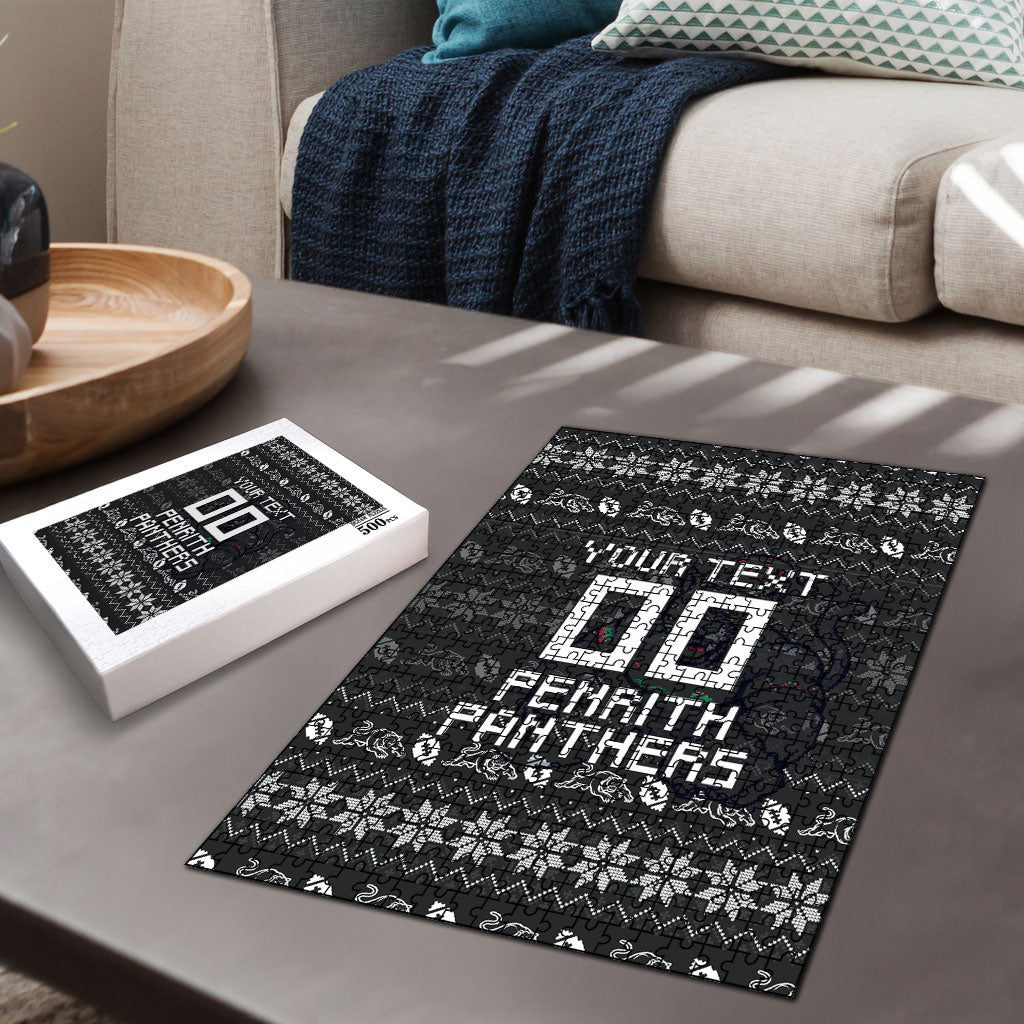 Personalized Penrith Panthers Christmas Puzzle Australian Rugby Fans - Pixelated Ugly Xmas Pattern Mascot Santa