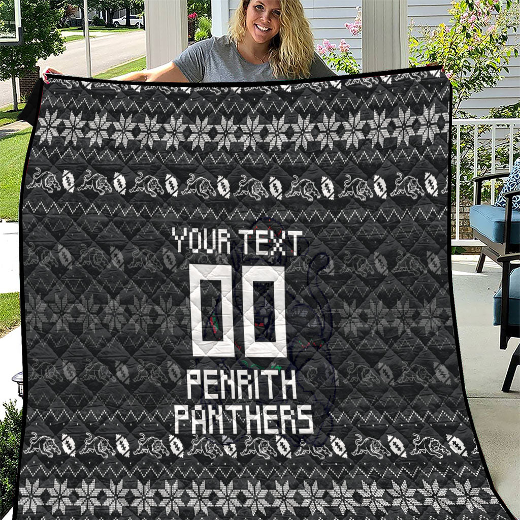 Personalized Penrith Panthers Christmas Quilt Australian Rugby Fans - Pixelated Ugly Xmas Pattern Mascot Santa