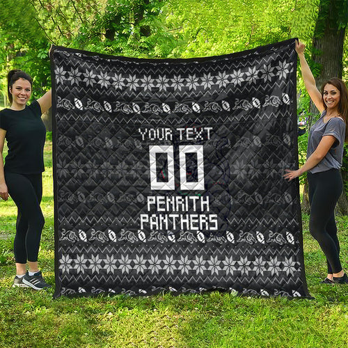 Personalized Penrith Panthers Christmas Quilt Australian Rugby Fans - Pixelated Ugly Xmas Pattern Mascot Santa